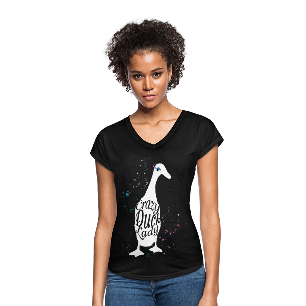 Crazy Duck Lady | Women's Tri-Blend V-Neck T-Shirt - black