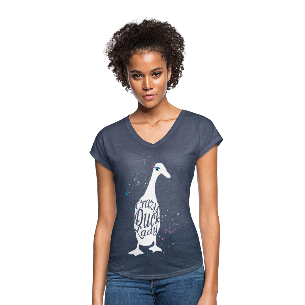 Crazy Duck Lady | Women's Tri-Blend V-Neck T-Shirt - navy heather