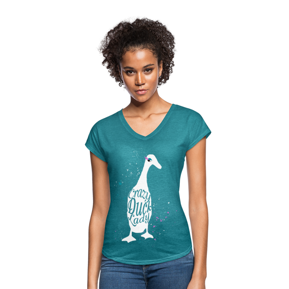 Crazy Duck Lady | Women's Tri-Blend V-Neck T-Shirt - heather turquoise