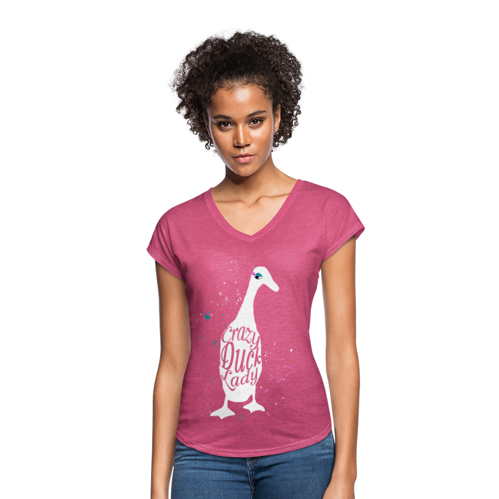 Crazy Duck Lady | Women's Tri-Blend V-Neck T-Shirt - heather raspberry