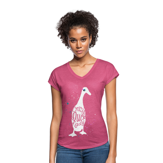 Crazy Duck Lady | Women's Tri-Blend V-Neck T-Shirt - heather raspberry