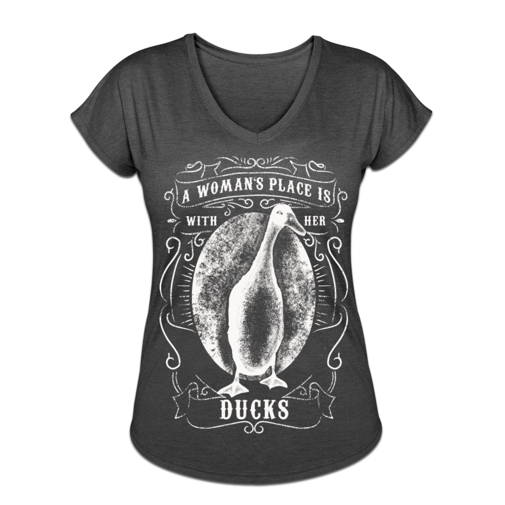 A Woman's Place Is With Her Ducks | Women's Tri-Blend V-Neck T-Shirt - deep heather