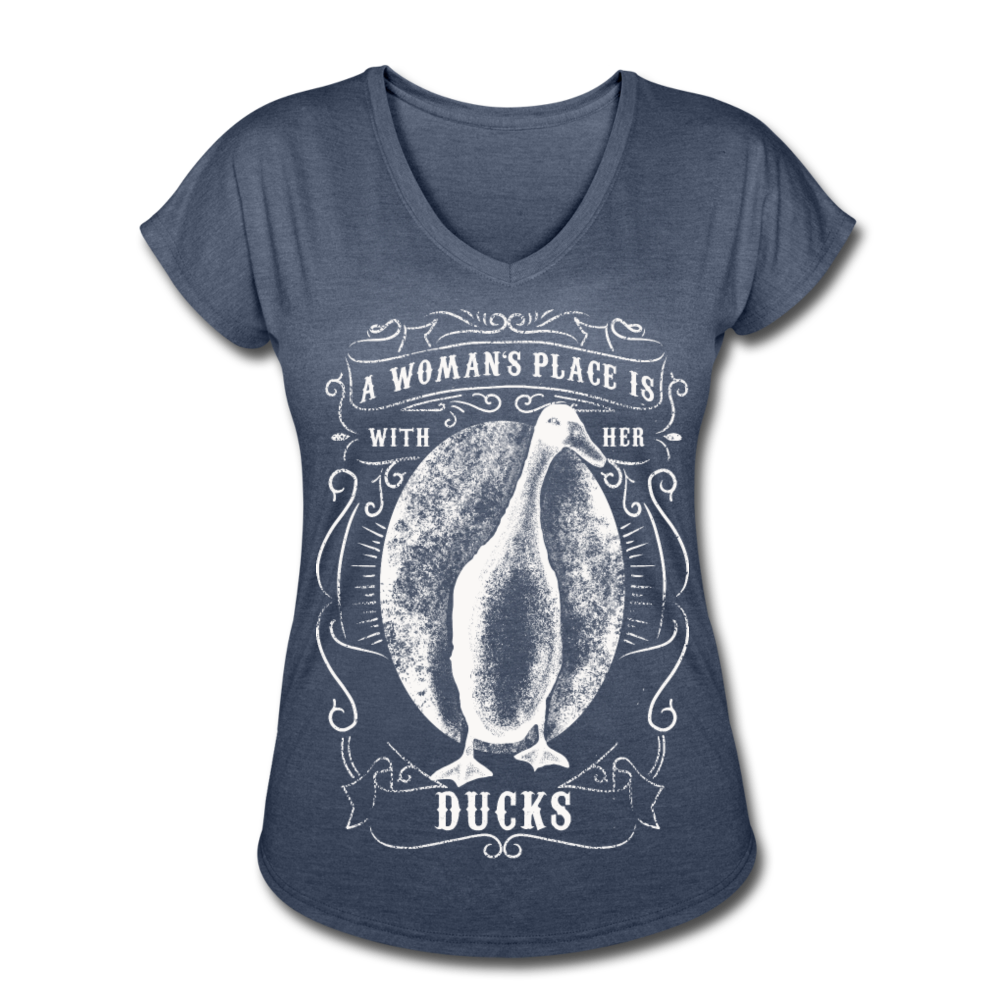 A Woman's Place Is With Her Ducks | Women's Tri-Blend V-Neck T-Shirt - navy heather