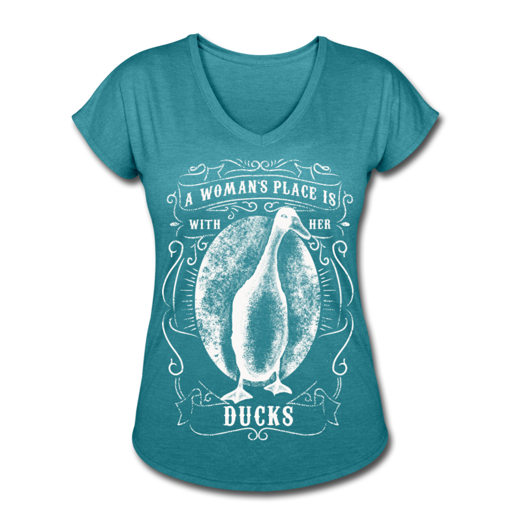 A Woman's Place Is With Her Ducks | Women's Tri-Blend V-Neck T-Shirt - heather turquoise