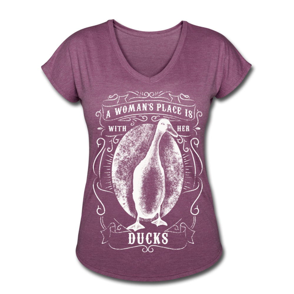 A Woman's Place Is With Her Ducks | Women's Tri-Blend V-Neck T-Shirt - heather plum