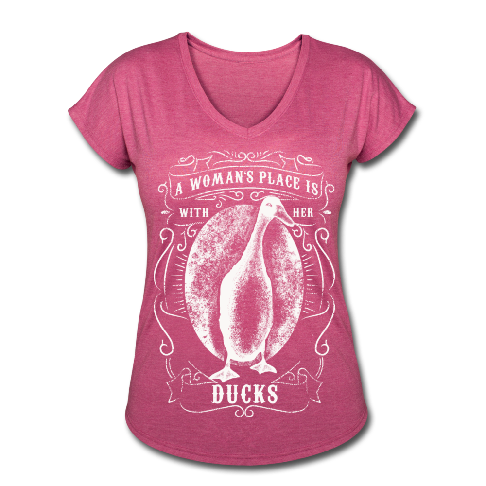 A Woman's Place Is With Her Ducks | Women's Tri-Blend V-Neck T-Shirt - heather raspberry