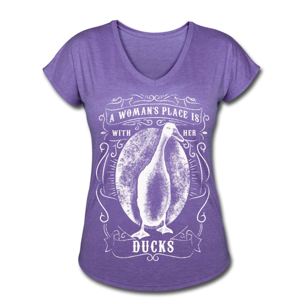 A Woman's Place Is With Her Ducks | Women's Tri-Blend V-Neck T-Shirt - purple heather